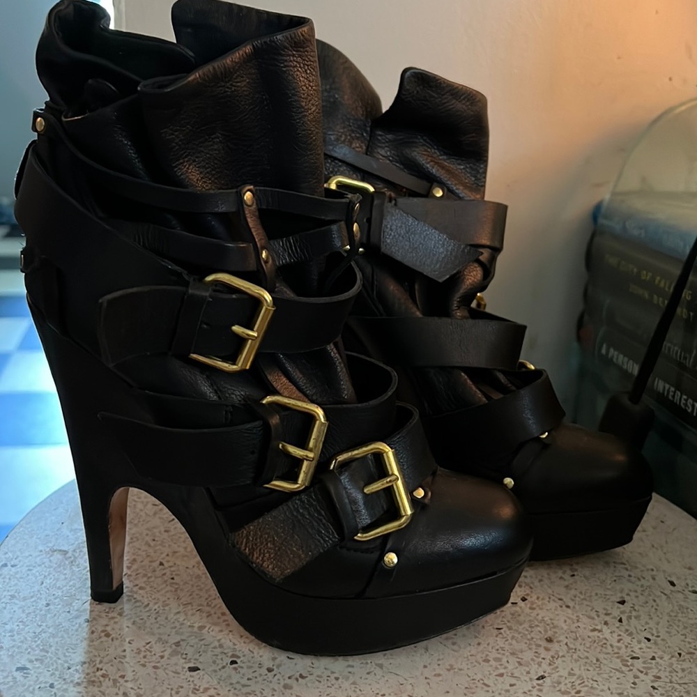 Black leather buckle stiletto boots